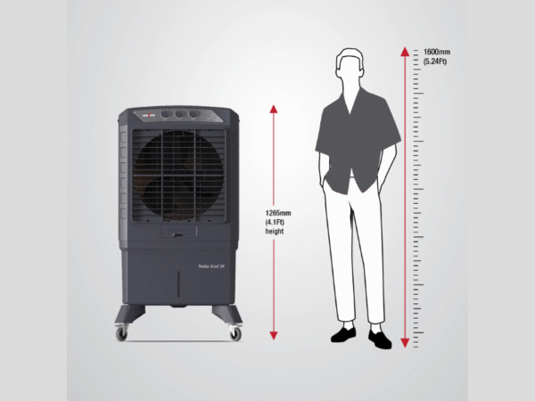 Kenstar Maha Kool 90L air cooler with dimensions of 1265mm height, designed to fit in large spaces while delivering powerful cooling – Katyal Home Appliances.