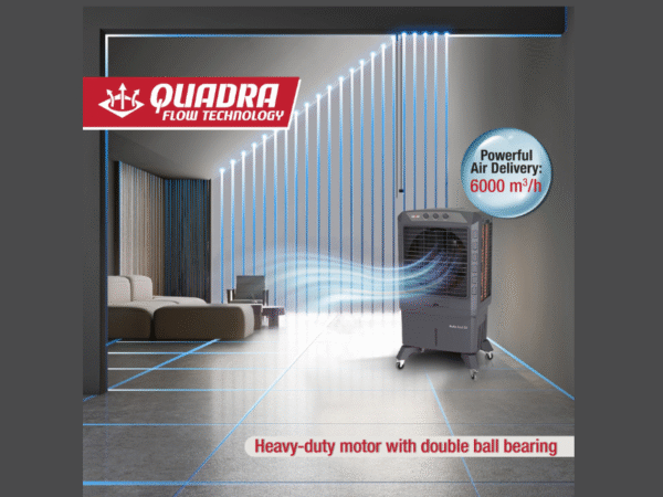 The Kenstar Maha Kool 90L air cooler features Bquadra air flow technology ensuring maximum airflow for efficient room cooling – Katyal Home Appliances.
