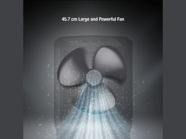 Image shows 45.7 cm fan, ensuring maximum airflow for efficient room cooling – Katyal Home Appliances.